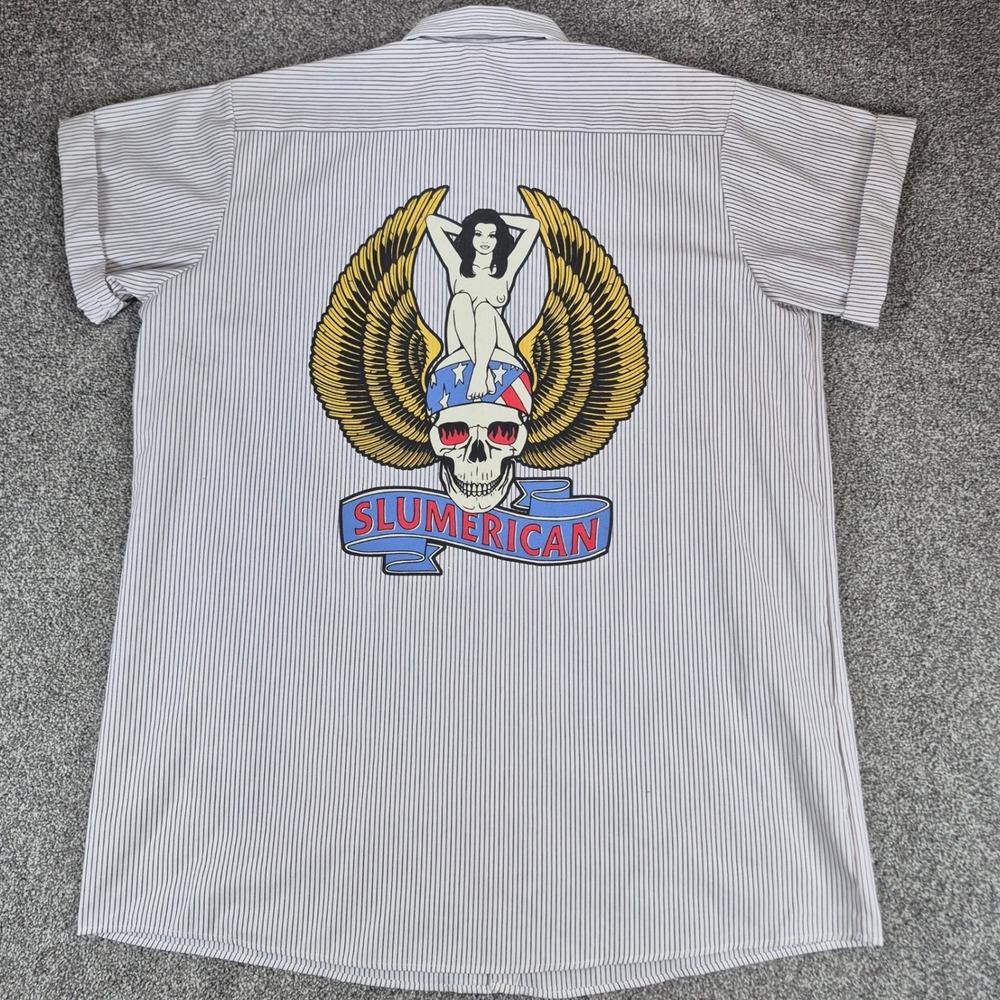 Yelawolf Slumerican Shirt Mens 2X Skull Pinup Mechanic Pinstripe Button Up